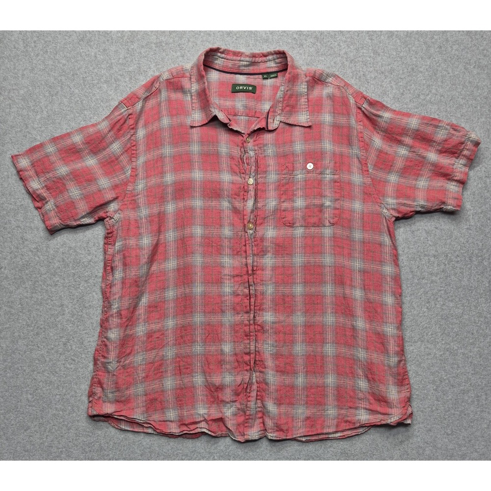 Orvis Shirt Mens XL Coral Pink Plaid Button Up Linen Short Sleeve Coastal